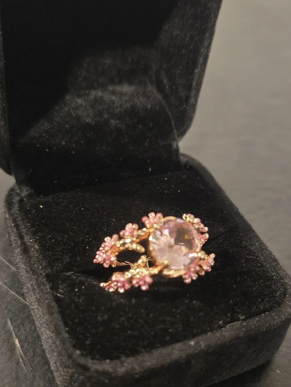 Pink Crystal Cherry Blossom Branch Ring Rose Gold Plated Flower Size 7